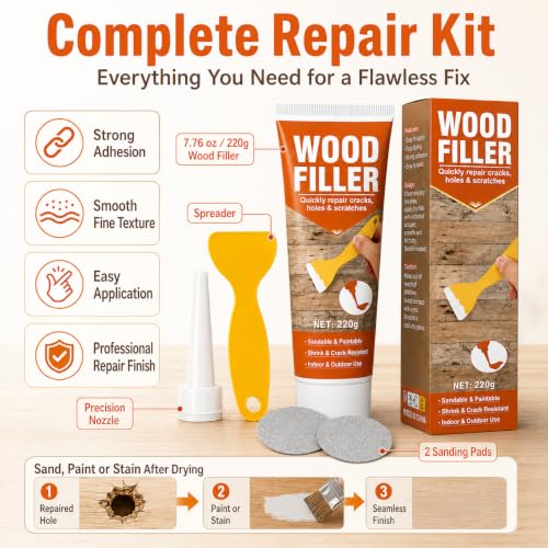 Wood Filler, 7.76 oz Paintable Wood Putty, Stainable, Shrink & Crack Resistant, Quick Repair for Cracks, Holes and Scratches on Wooden Furniture, Cabinets, Doors, Floors- Indoor & Outdoor(White)