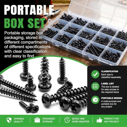 Twidec/685PCS Wood Screws Kit,M2 M3 M4 Black Phillips Pan Head Self-Tapping - size: 685PCS