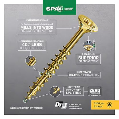 SPAX #10 x 1-1/2" Interior Flat Head Wood Screws Construction Framing Torx T-Star Plus (2500 EA) Bulk Pail Includes 4 Bits Countersunk Flush Finish - size: #10 x 1-1/2"