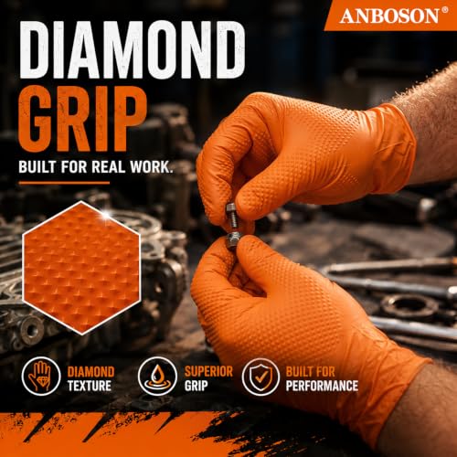 ANBOSON 10 Mil Heavy Duty Diamond Texture Nitrile Gloves, XL, 1000 Ct - color: Orange of 1000, size: X-Large