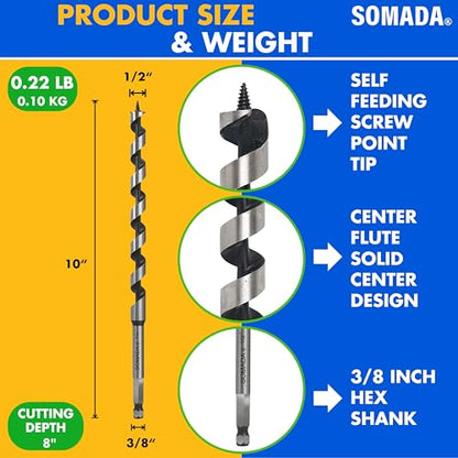 SOMADA 1/2 in x 10 in Auger Drill Bit, Quick Change Hex Shank, Wood - size: 1/2"x10" Silver
