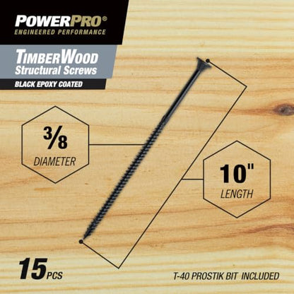 Power Pro TimberWood Structural Screws, 3/8in x 10in, 15 Pieces, Black - color: Black, size: 3/8 inch x 10 inch, style: 15pc