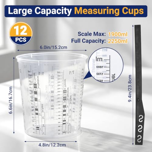 Gartful 12 Pack 64oz 1900ml Clear Plastic Paint Mixing Cups with 12 Stir Sticks - Disposable Graduated Measuring Cups for Paint, Resin & Epoxy with ML Scale & 3-Column Ratios (1:1-7:1) for DIY Crafts - size: 64oz / 1900ml
