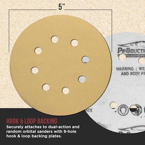 ProductionShop Premium 220 Grit 5" Gold Sanding Discs, 8-Hole Pattern, Box of 100 - Dustless Hook & Loop Backing Sandpaper for DA & Random Orbital Sanders, Sand Auto Paint, Wood Woodworking Furniture - style: 220 Grit