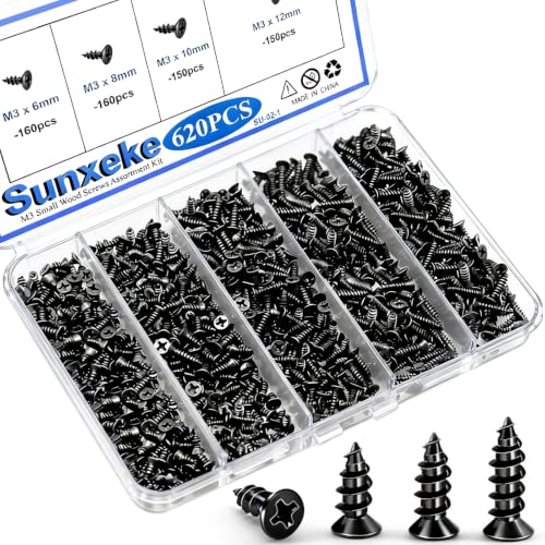620PCS M3 Small Wood Screws Assortment Kit, Phillips Flat Head Self-Tapping Short Black Screws, Assorted Cabinet TV Mounting Screws for Furniture Maintenance DIY Tech (6/8/10/12mm) - size: 620pcs-4 SIZES