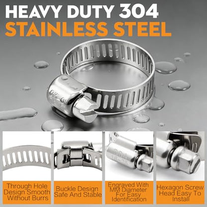 185PCS Stainless Steel Hose Clamp Assortment Kit + 10FT Metal Strap, 1/4"-2"(6-51mm) 304 Worm Gear Heavy Duty Clamps, Radiator Clamps for Automotive Fuel Line Plumbing, with 2 Tools & 8 Fasteners - size: 185 PCS +10FT Metal Strap + 8 Fasteners