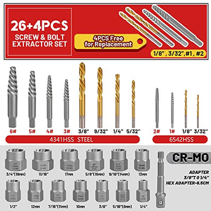 30 Pcs Spiral Screw Bolt Extractor Set Left Hand Drill Bit Set - size: 30Pcs