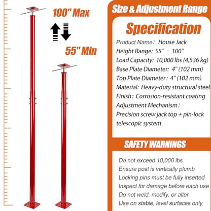Adjustable House Jack Post, 55" - 100" Heavy Duty Steel Support Pole Jacks - color: Red