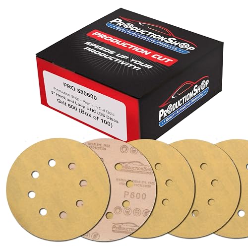 ProductionShop Premium 600 Grit 5" Gold Sanding Discs, 8-Hole Pattern, Box of 100 - Dustless Hook & Loop Backing Sandpaper for DA & Random Orbital Sanders, Sand Auto Paint, Wood Woodworking Furniture - style: 600 Grit