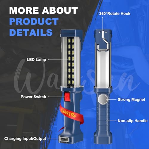 WARSUN LED Work Light Rechargeable, Portable Mechanic Trouble Light with1200 Lumens, COB worklight Magnetic Base, Cordless Floodlight for Car Repair, Camping, Hiking, 30w - style: LED