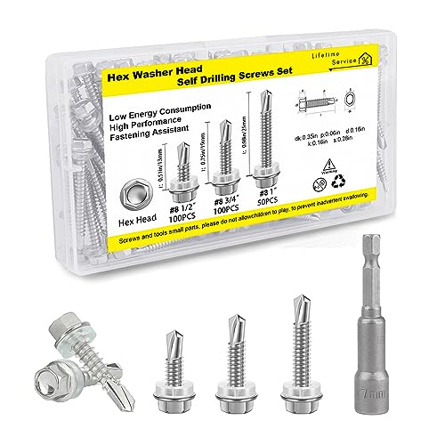 #8 Hex Head Self Tapping Screws Assortment Kit, 410 Stainless (250pcs) - size: #8 Screws Set-250Pcs