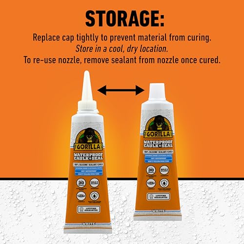 Gorilla 100% Silicone Caulk, Waterproof Sealant, 2.8oz Squeeze Tube, 2-Pack - color: White, size: 2 - Pack
