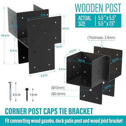 2 Pack 6x6 Heavy Duty Corner Post Cap Tie Bracket for Gazebo, Deck - size: Corner 6"x6"(Actual 5.5"x5.5")