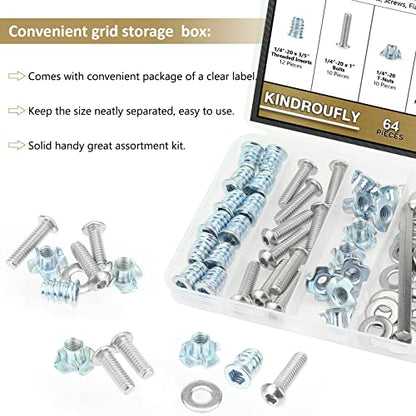 1/4-20 Threaded Inserts for Wood, T Nuts, Bolts With Button Head Socket Cap Screws (3/4", 1", 1/4"), Washers and Hex Wrench - 64 Pieces - size: 1/4"-20 Nut Bolt Assortment Kit, 64 Pieces