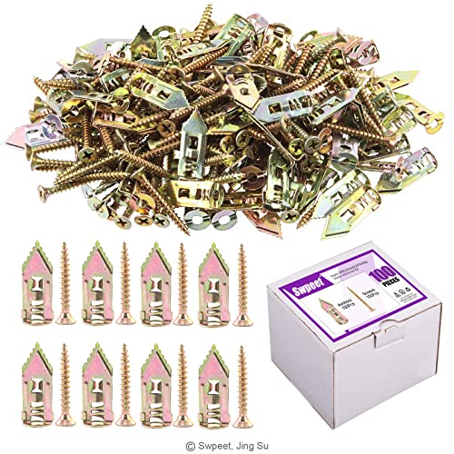 Swpeet 200Pcs Drywall Self-Drilling Anchors with Screws Kit, No Drill Or Holes in Wall Perfect for TV, Bike, Shelf Straps, Cabinet & Fixing Curtains (100PCS Steel Anchors and 100PCS Zinc Screws)