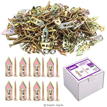 Swpeet 200Pcs Drywall Self-Drilling Anchors with Screws Kit, No Drill Or Holes in Wall Perfect for TV, Bike, Shelf Straps, Cabinet & Fixing Curtains (100PCS Steel Anchors and 100PCS Zinc Screws)