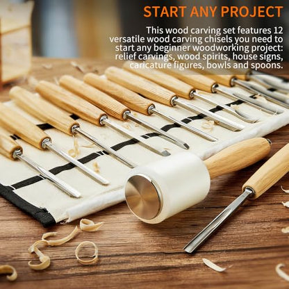 BAUSATZ Wood Carving Kit, 12 Chisels + 1 Mallet + Canvas Pouch, Wood Carving Tools, Cr-V 60 Steel Blades, Woodworking Tools for Professionals Carpenters Wood Chisel Sets for Woodworking Beginners