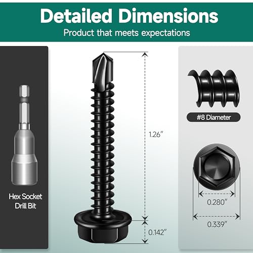 100Pcs #8 x 1-1/4" Sheet Metal Screws, 410 Stainless Steel Self Drilling Hex Head Black Self Tapping Screws for Metal with Drill Bit - color: Black, size: #8 x 1-1/4"