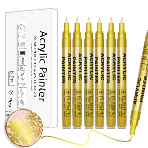 Gold Acrylic Paint Pens 6 Pcs Permanent Marker Pens Extra Fine - color: Gold