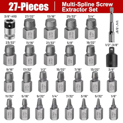27Pcs Upgrade Screw Extractor Set, Bolt Extractor Kit, Easy Out Bolt Extractor Set, Hex Head Multi-Spline for Removing Stripped, Rounded, Damaged, Broken Screws, Bolts, Studs - size: 27PCS