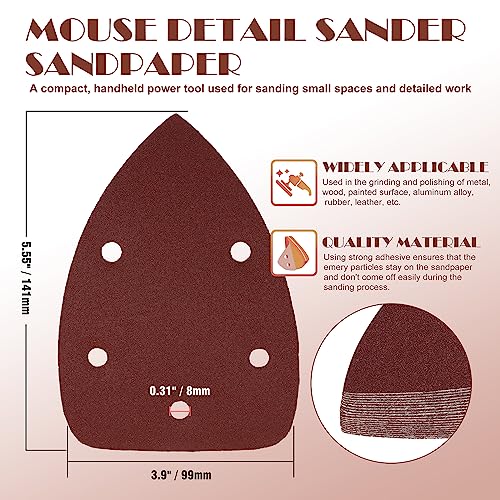 800 Grit Mouse Sander Sandpaper, Jamiikury 5 Hole Detail Sander Sandpaper Palm Sander Paper Mouse Sanding Pads Hook and Loop Sanding Sheets - Pack of 50