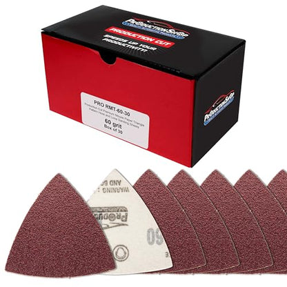 ProductionShop Premium 60 Grit Triangle Mouse Detail Sander Sandpaper Sheets, Box of 30 - Hook & Loop, Triangular Shaped Mouse Disc Pads - Oscillating Multi-Tools - Woodworking, Sand Furniture Paint - style: 60 Grit