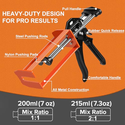Epoxy Gun Dual Component 200ml – Manual 1:1 & 2:1 Ratio Adhesive Applicator for Epoxy, Urethane, Acrylic,High-Thrust 2-Part Adhesive Gun for Panel Bonding, Structural & Plastic Repair,Orange - size: 200 ml/215 ml (1:1, 2:1)