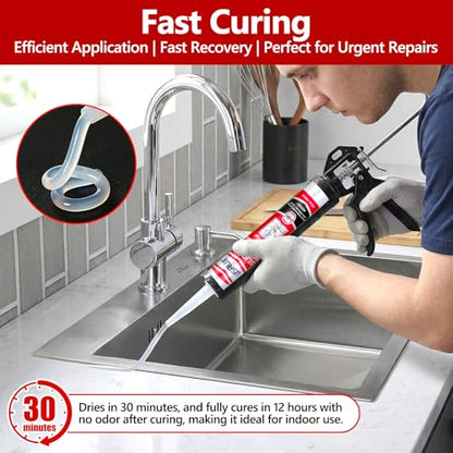 LISRUX Advanced Clear Silicone Caulk for Kitchen & Bathroom,10 fl oz Cartridge,12 Pack,100% Waterproof RTV Silicone Sealant,Stronger Adhesion,Shrink & Crack Proof - color: Clear, size: 12P