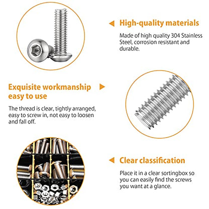 VIGRUE 197PCS 1/4-20 5/16-18 3/8-16 Button Head Cap Screw, SAE 12 Sizes Hex Cap Bolts Flat Washers Nuts Assortment Kit Machine Screws Set, 304 Stainless Steel - size: 197PCS 1/4-20 5/16-18 3/8-16 Button Head