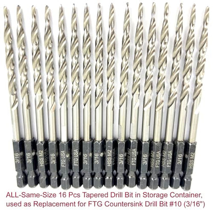 FTG USA 16 Pc #10(3/16") Replacement Taper Countersink Drill Bit Hex Shank - size: #10, style: 16 Piece Same Size