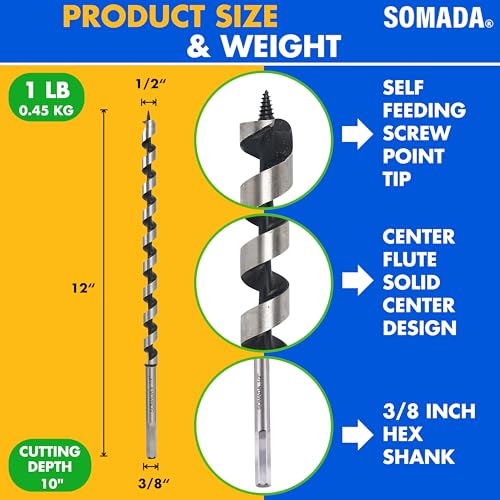 SOMADA 1/2 in x 12 in Auger Drill Bit, Hex Shank, Wood, Drywall, Plastic - size: 1/2"x12" Silver