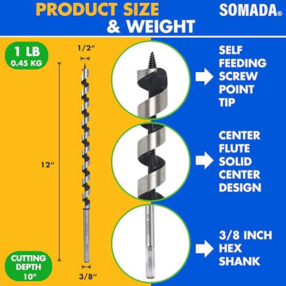SOMADA 1/2 in x 12 in Auger Drill Bit, Hex Shank, Wood, Drywall, Plastic - size: 1/2"x12" Silver