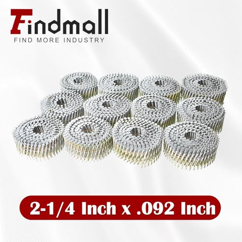 findmall 3600 Count Siding Nails 2-1/4 Inch by .092 Inch 15 Degree Ring Shank Hot-Dipped Galvanized Collated Wire Coil - size: 2-1/4inch