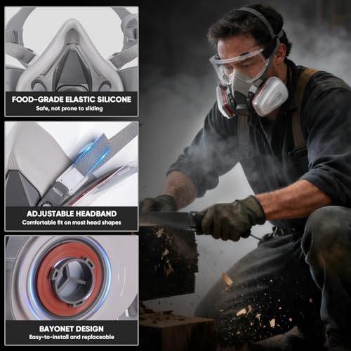 TICONN Reusable Respirator Mask with Filters, Gas Mask with Anti Fog Safety Glasses, Anti-Dust Half Face Cover Respirator