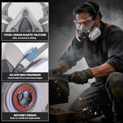 TICONN Reusable Respirator Mask with Filters, Gas Mask with Anti Fog Safety Glasses, Anti-Dust Half Face Cover Respirator