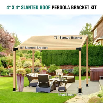 HAYOHRT 15° Pergola Brackets 75° Corner Bracket with Post Base Gazebo Kit for 4x4'' (Actual 3.5x3.5 in) Wooden Beams Lumber Gazebos Patio Pergola Sheds - size: 2P 15° Bracket + 2P 75° Bracket + 4P Base