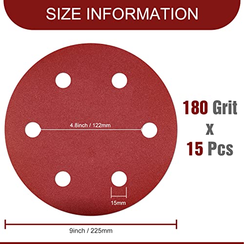 Awutzut 9 Inch 6 Hole Sanding Discs 180 Grit Hook and Loop for Drywall Sander 15PCS - style: 180 Grit