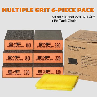S&F STEAD & FAST Sanding Sponge 60 80 120 180 220 320 Grit 6 Pc, Tack Cloth