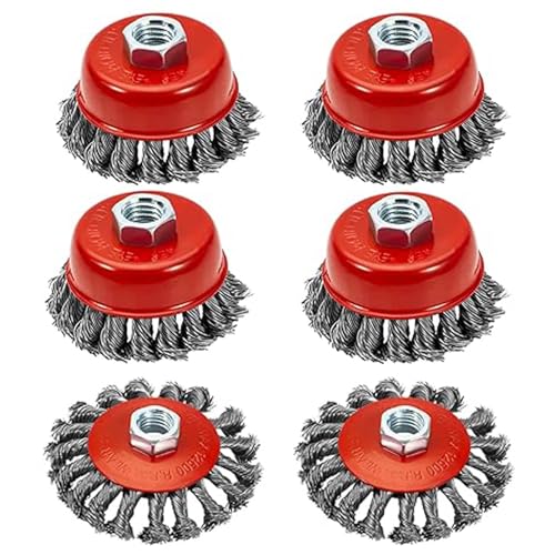 6 Pack Wire Wheel Brush for 4-1/2" Angle Grinder, 5/8" Threaded Arbor, 0.02" Carbon Steel Twisted Wire Brush for Rust Removal, Weld Cleaning