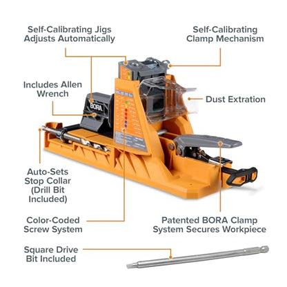 BORA Automatic Pocket Hole Jig, 3in Face Clamp, Auto Adjusting Drill Guide - size: Auto Jig w/ 3" Clamp