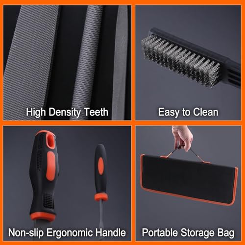 25PCS Metal File Set with Storage Bag, T12 Drop Forged Carbon Steel Flat/Triangle/Half-Round/Round Large File and 12PCS Precision Needle File with Sandpaper Brush Gloves, Work for Metal, Wood