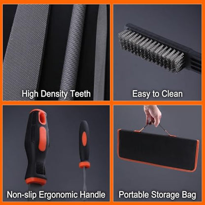 25PCS Metal File Set with Storage Bag, T12 Drop Forged Carbon Steel Flat/Triangle/Half-Round/Round Large File and 12PCS Precision Needle File with Sandpaper Brush Gloves, Work for Metal, Wood