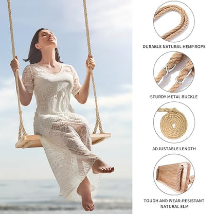 Hanging Wooden Tree Swing with Adjustable Hemp Rope and Tree Straps - color: Raw Wood