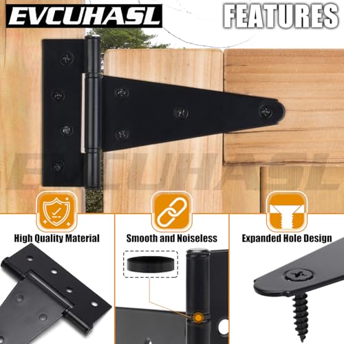 6 Inch T-Strap Gate Hinges, Shed Barn Door Hinges Heavy Duty, Black Tee Hinges for Wooden Fences, Yard Gate, Wrought Hardware Iron Rustproof (6 Pack/Set) - size: 6 Inch