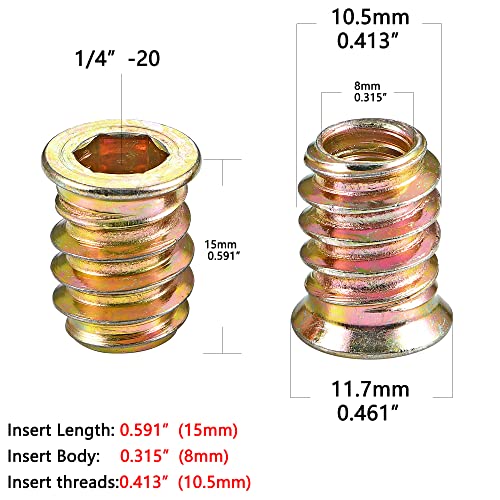 200Pcs 1/4"-20x15mm Hex Nut Inserts Wood Threaded Fastener for Furniture - color: 200 Pcs 1/4"-20 x 15mm