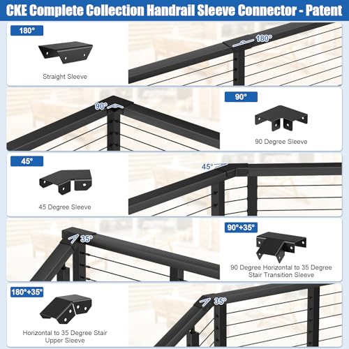 CKE Flat Handrail Accessories, 2 Pack Aluminum Deck to Stair Handrail Connector, 90 Degree Horizontal to Stair Transition Sleeve, Black Cable Railing Post Handrail Connector for Flat Top Rail HF08 - size: 90 Degree Horizontal to Stair Transition Sleeve