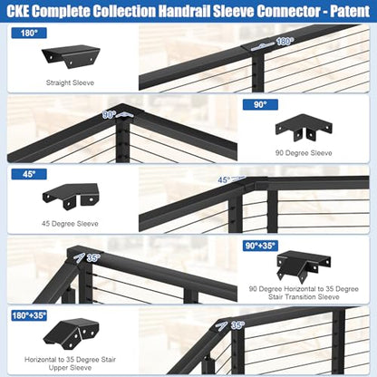 CKE Flat Handrail Accessories, 2 Pack Aluminum Deck to Stair Handrail Connector, 90 Degree Horizontal to Stair Transition Sleeve, Black Cable Railing Post Handrail Connector for Flat Top Rail HF08 - size: 90 Degree Horizontal to Stair Transition Sleeve
