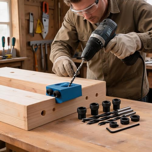 14-Piece 15 Degree Pocket Hole Jig, Blue Woodworking Angle Drill Guide with 6/8/10mm Adapter