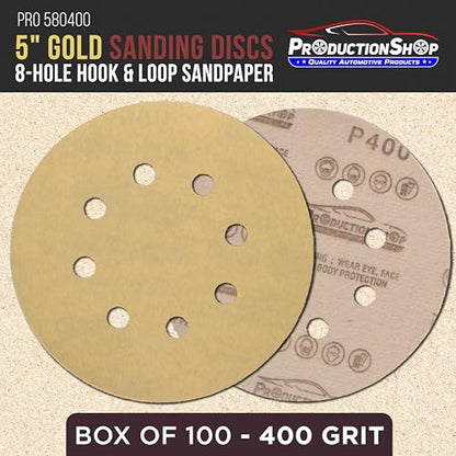 ProductionShop Premium 400 Grit 5" Gold Sanding Discs, 8-Hole Pattern, Box of 100 - Dustless Hook & Loop Backing Sandpaper for DA & Random Orbital Sanders, Sand Auto Paint, Wood Woodworking Furniture - style: 400 Grit