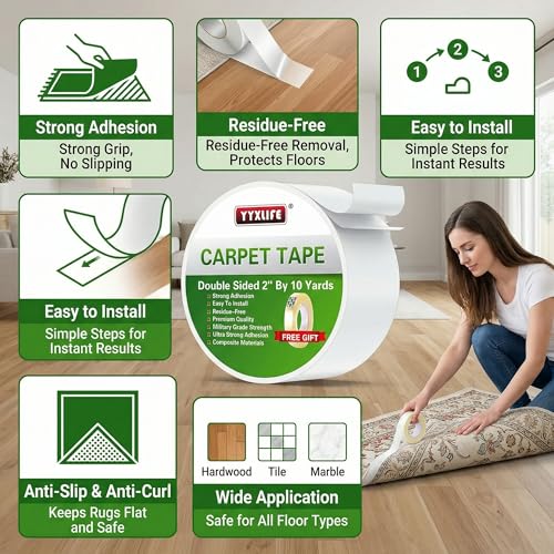 YYXLIFE Double Sided Carpet Tape for Area Rugs & Hardwood Floors, 2" x10YD - size: 2Inch x 10 Yards